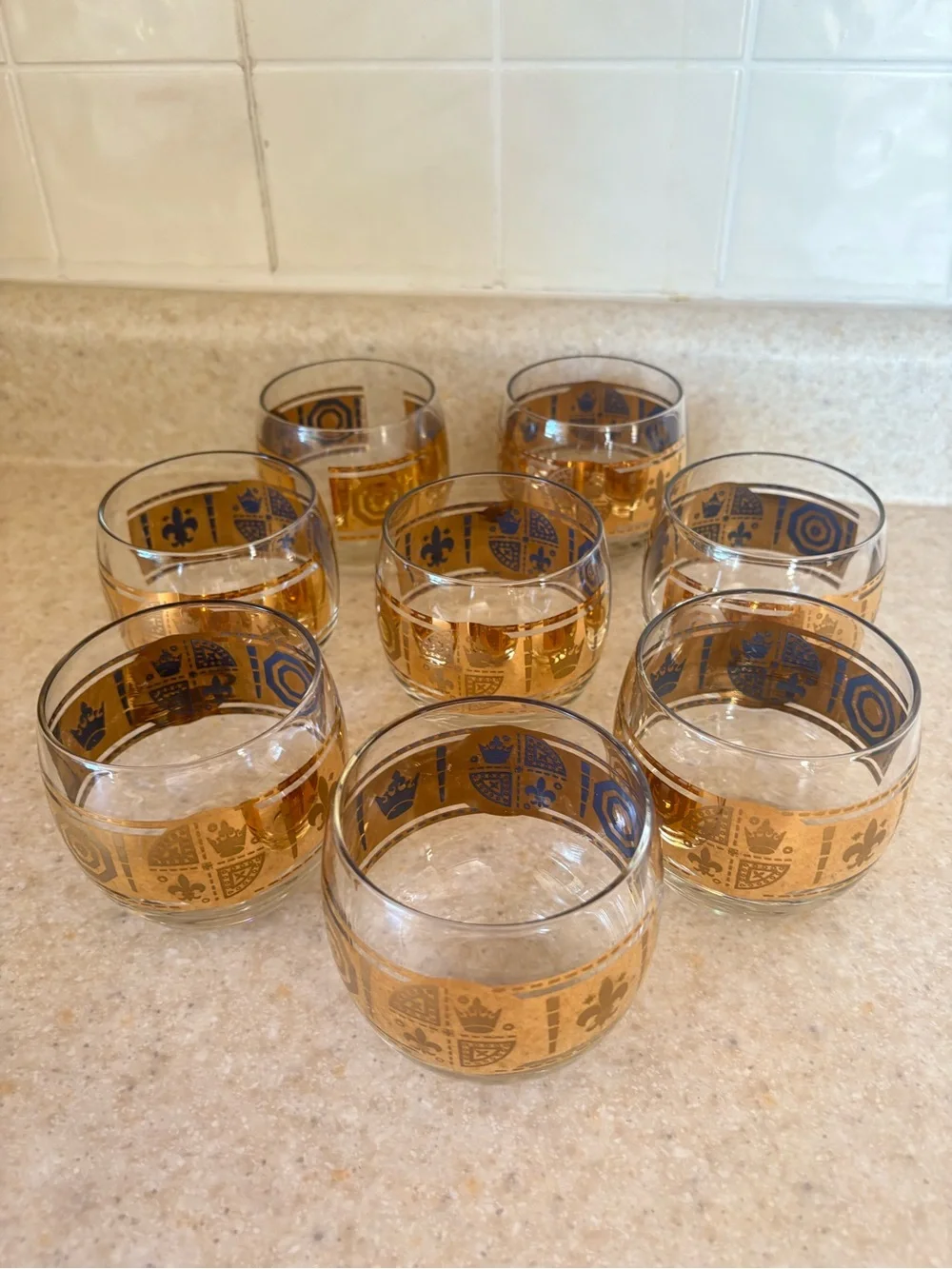 60's Culver Coronet Roly Poly Glasses 8 22k Gold MCM Barware Hollywood Regency